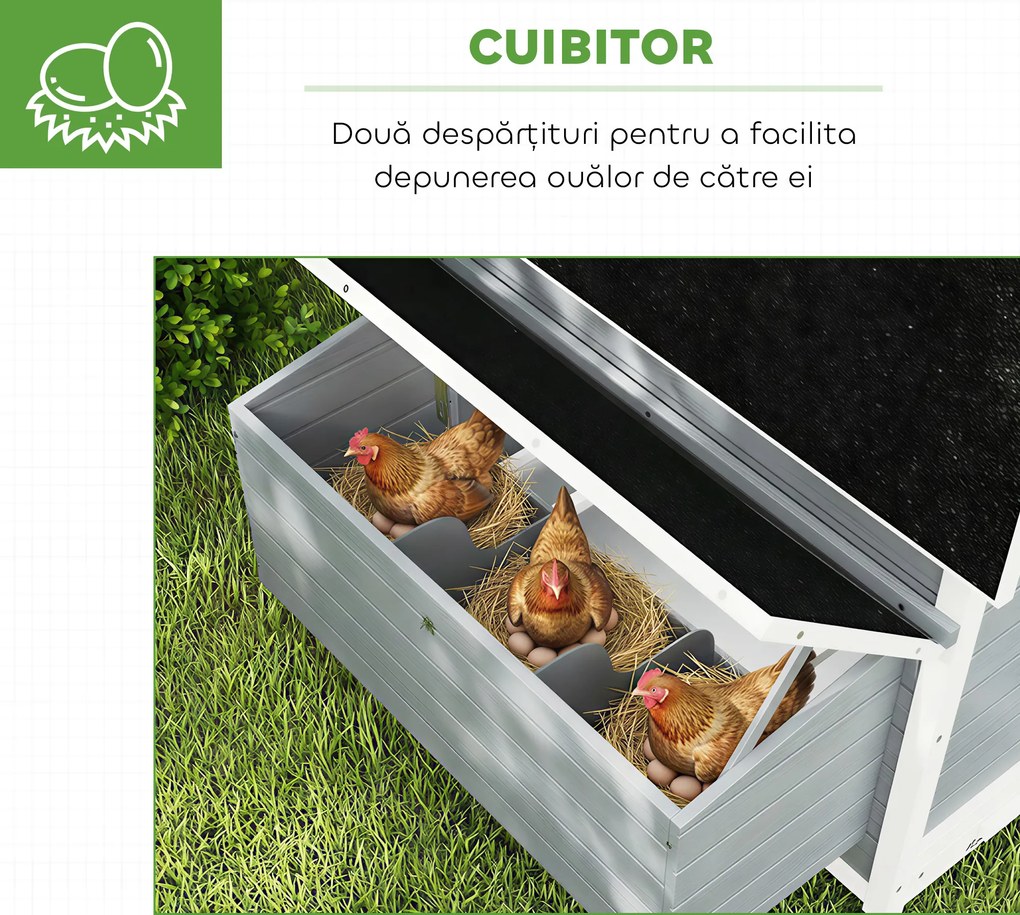 PawHut Coteț din Lemn cu 2 Cuiburi, Coteț Exterior pentru Găini cu Acoperiș Rezistent la Apă, Tavă Detașabilă și Prăjini, Adăpost pentru 2-4 Găini, Rațe, Grădină, 150x100x96,5 cm, Gri | Aosom Romania