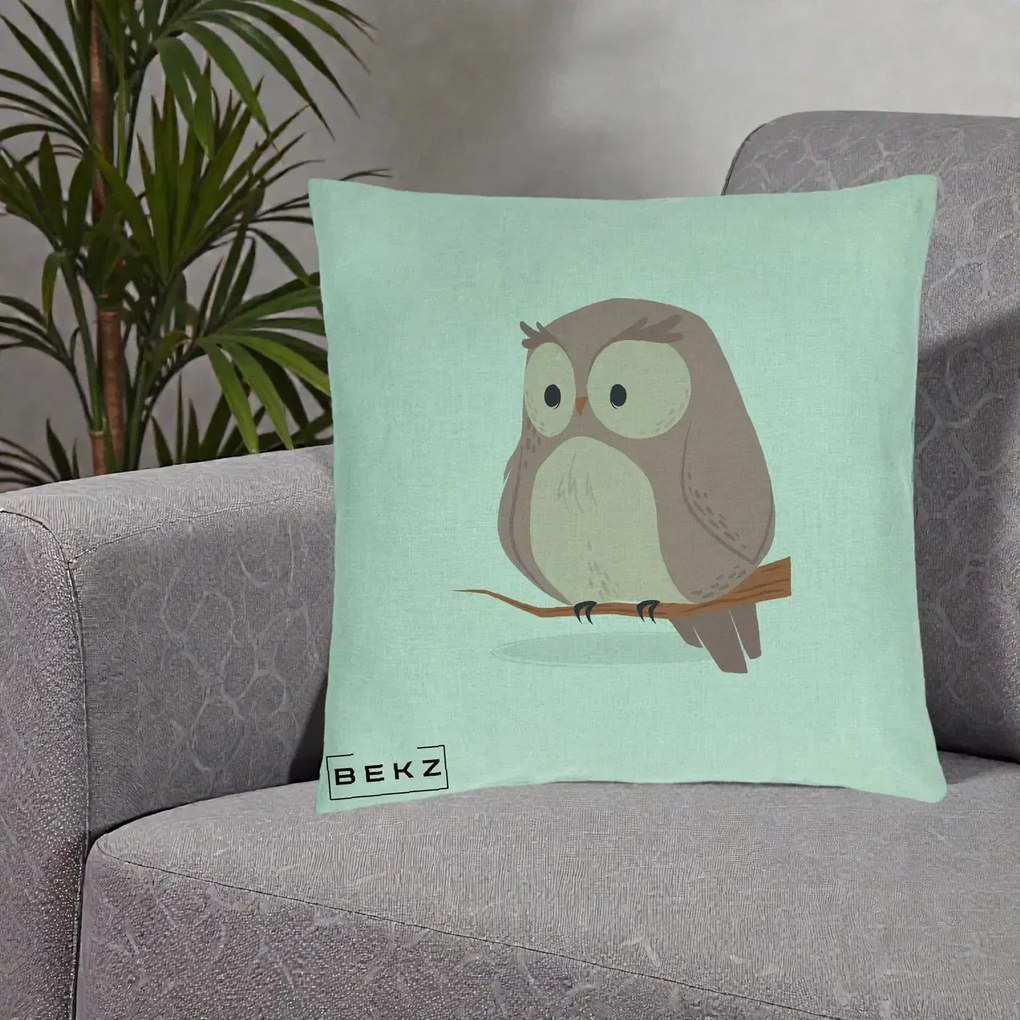 Perna Decorativa Bufnita Kawaii pe Creanga, 40x40 cm, Verde Menta, Husa Detasabila, Perna Inclusa, BEKZ®