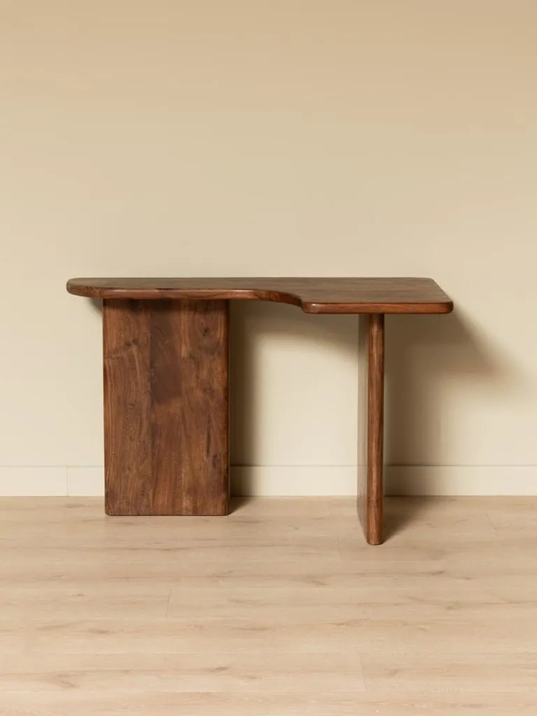 Consolă din lemn de acacia, formă asimetrică, maro antichizat, finisaj lucios, 118×59×75 cm, „Finoma"