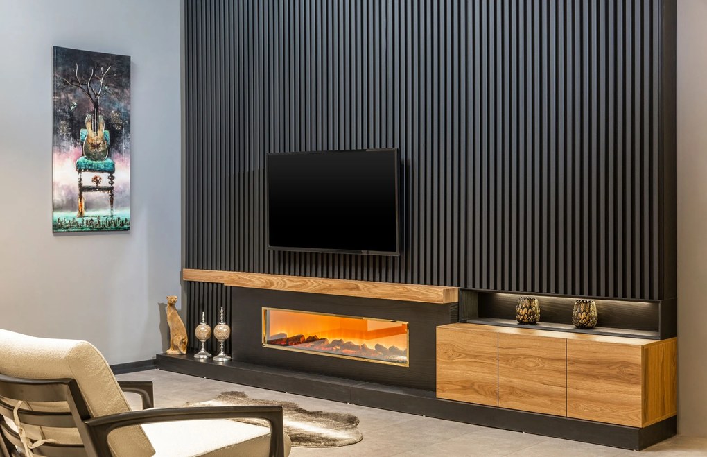 Comoda tv de lux cu semineu si panou de perete decorativ - karadeniz (360x270 cm)