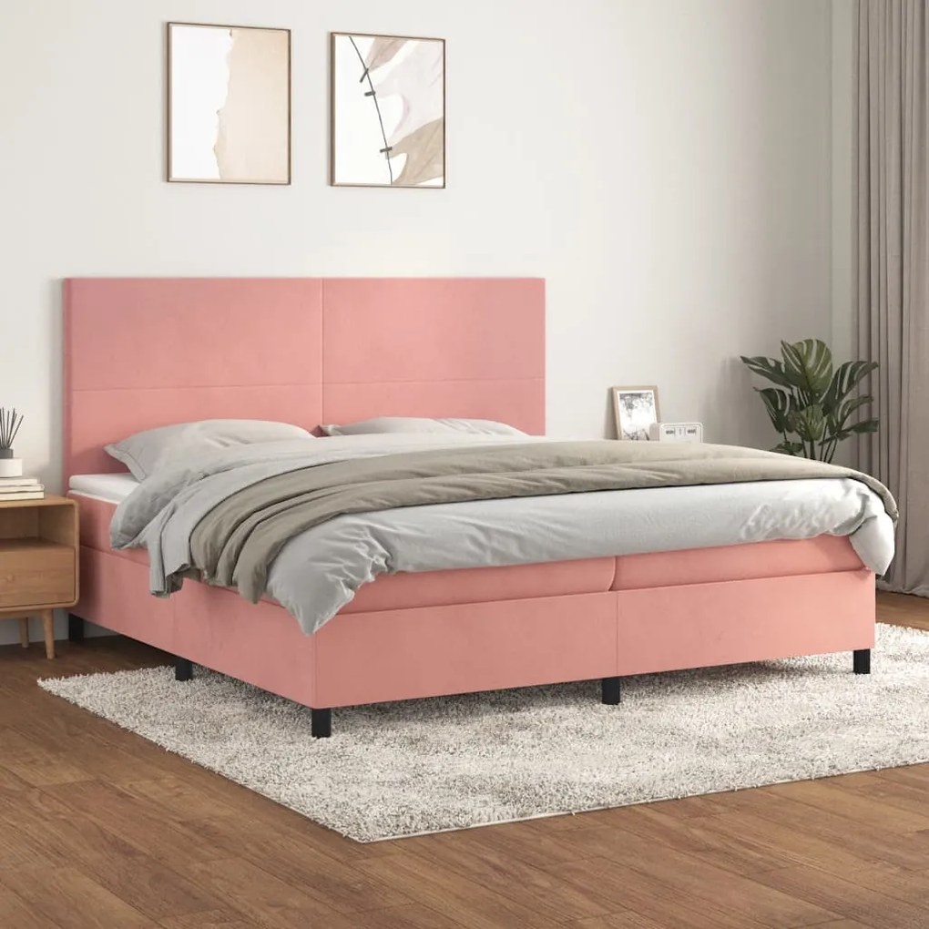 3142928 vidaXL Pat box spring cu saltea, roz, 200x200 cm, catifea