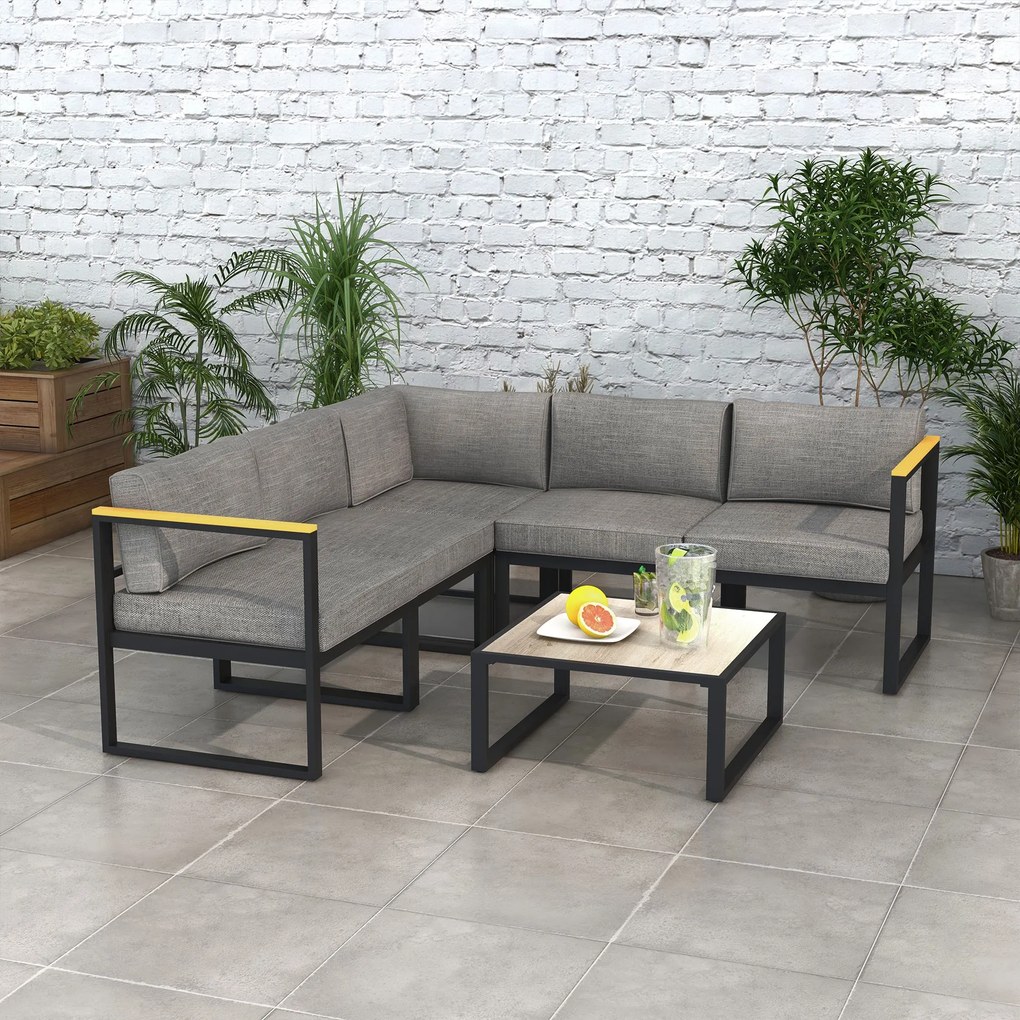 Outsunny Set de Mobilier de Grădină din 6 Piese, Set de Exterior cu Masă și Canapea cu cadru din Aluminiu cu Cotiere, 65x65x31 cm, Gri | Aosom Romania