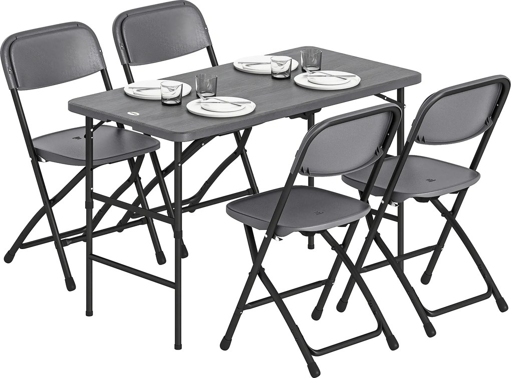 Outsunny Set masă și scaune pentru grădină cu masă pliabilă reglabilă 55-74 cm și 4 scaune pliabile pentru terasă, Gri | Aosom Romania