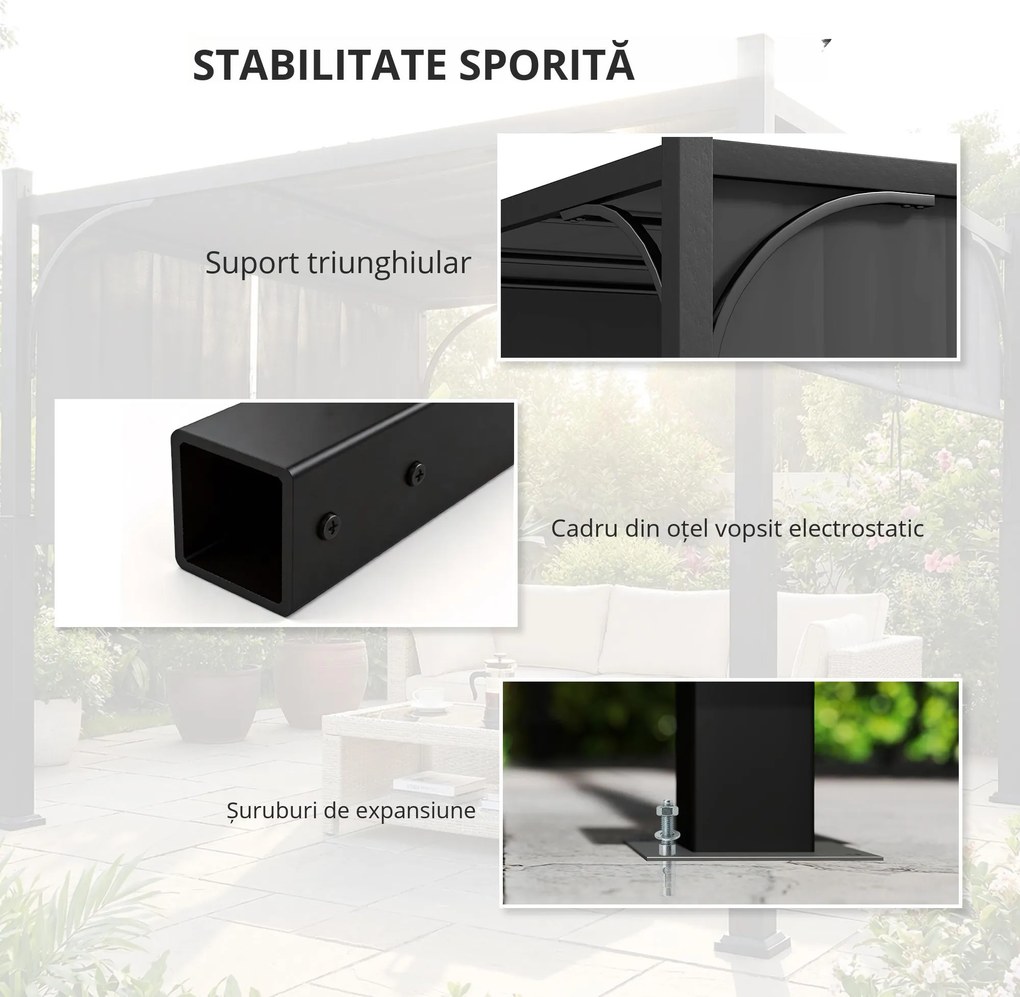 Outsunny Pergolă de grădină 3 x 3 m tonelă de grădină cu copertină glisantă, structură metalică, pentru exterior, Gri Închis | Aosom Romania
