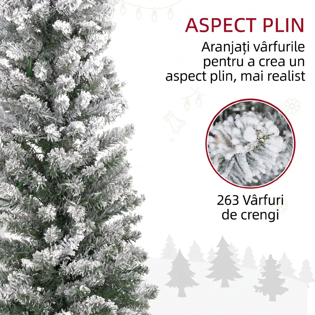 HOMCOM Brad de Crăciun Înzăpezit cu 263 de Crengi și Lumini LED Albe, Brad Artificial din Plastic, Ø45x150 cm, Verde | Aosom Romania