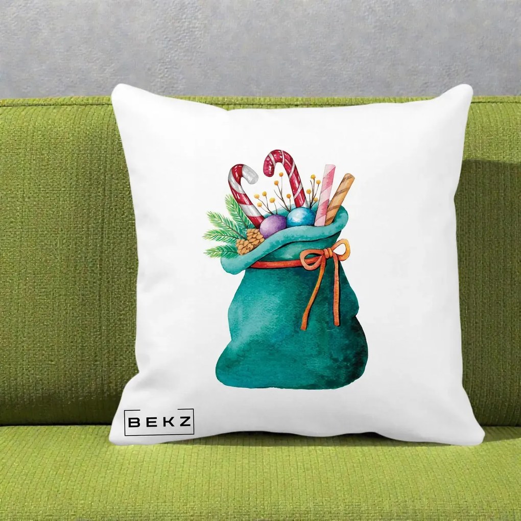 Perna Decorativa Saculet Cadouri Mos Craciun Acuarela Verde, 40x40 cm, Alba Mata, Husa Detasabila, Perna Inclusa, BEKZ®