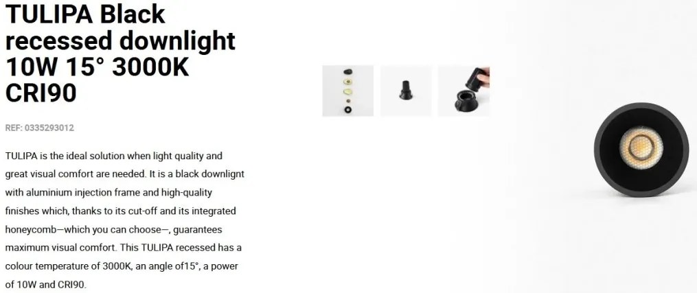 Spot LED incastrabil TULIPA Black recessed downlight 10W 15° 3000K CRI90
