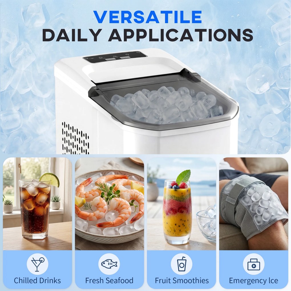 HOMCOM Mașină de Gheață cu Curățare Automată 12 kg/24H 9 Cuburi Gata în 7 Minute 2 Mărimi de Gheață 1,5L Rezervor Alb | Aosom Romania