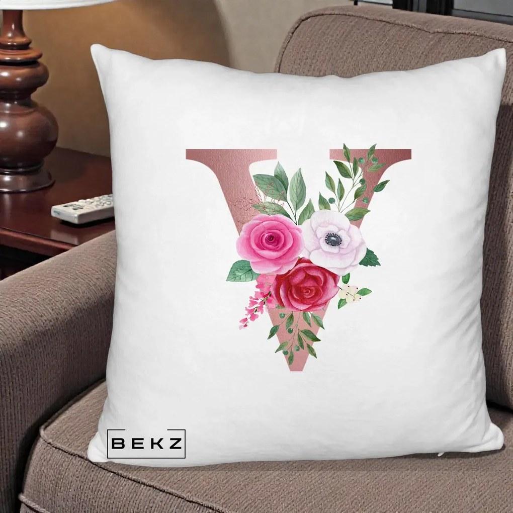 Cadou Personalizat - Perna Personalizata Monograma Rose Gold Litera V, 40x40 cm, Alb Pufos, Husa Detasabila, Perna Inclusa, BEKZ®
