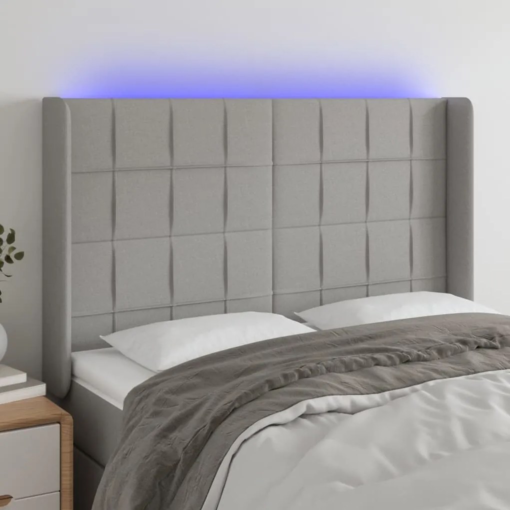 vidaXL Tăblie de pat cu LED, gri deschis, 147x16x118/128 cm, textil