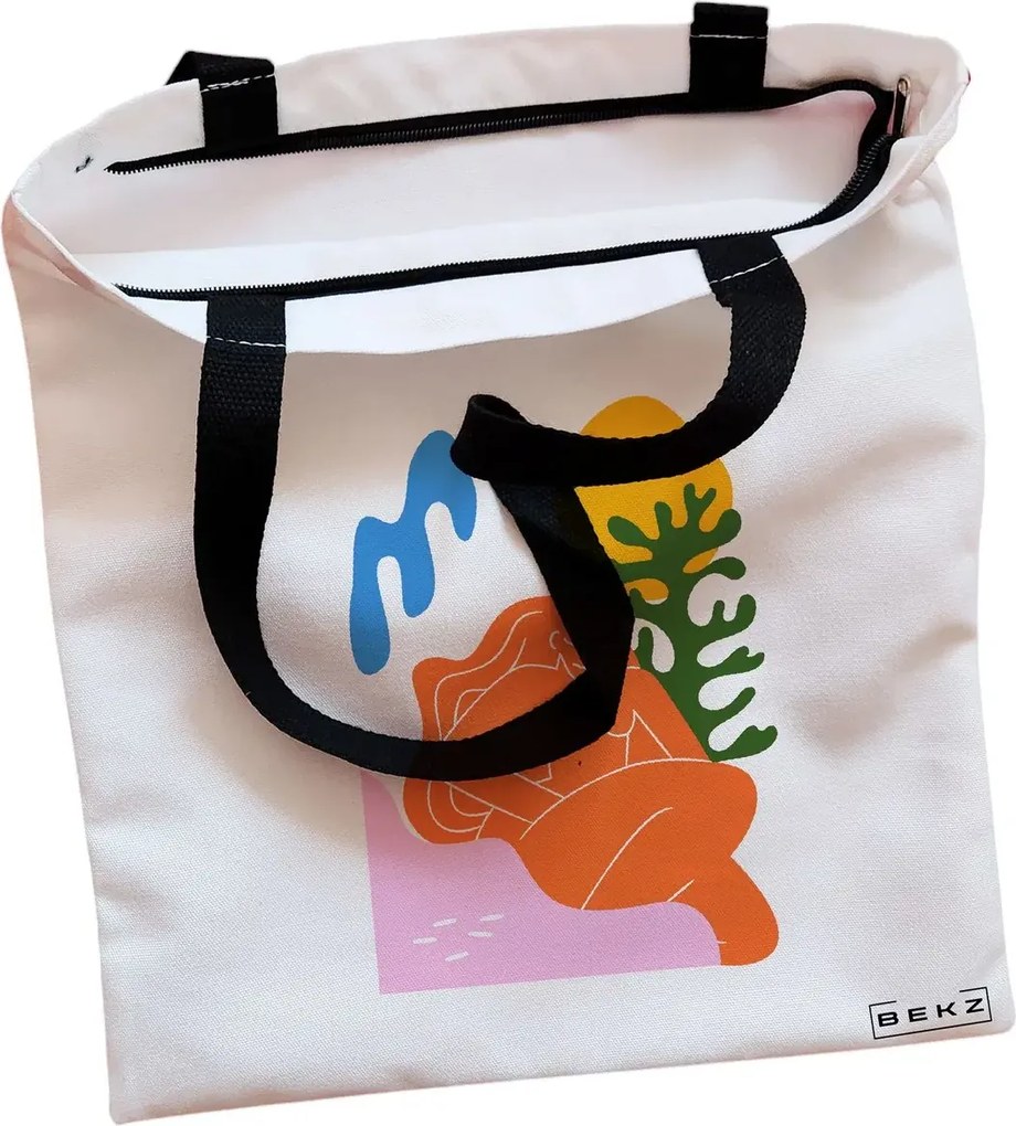 Sacosa de Panza pentru Cumparaturi, Geanta Tote, model Abstract Connection 2, Cu fermoar, 38x34.5 cm, Alba, BEKZ®