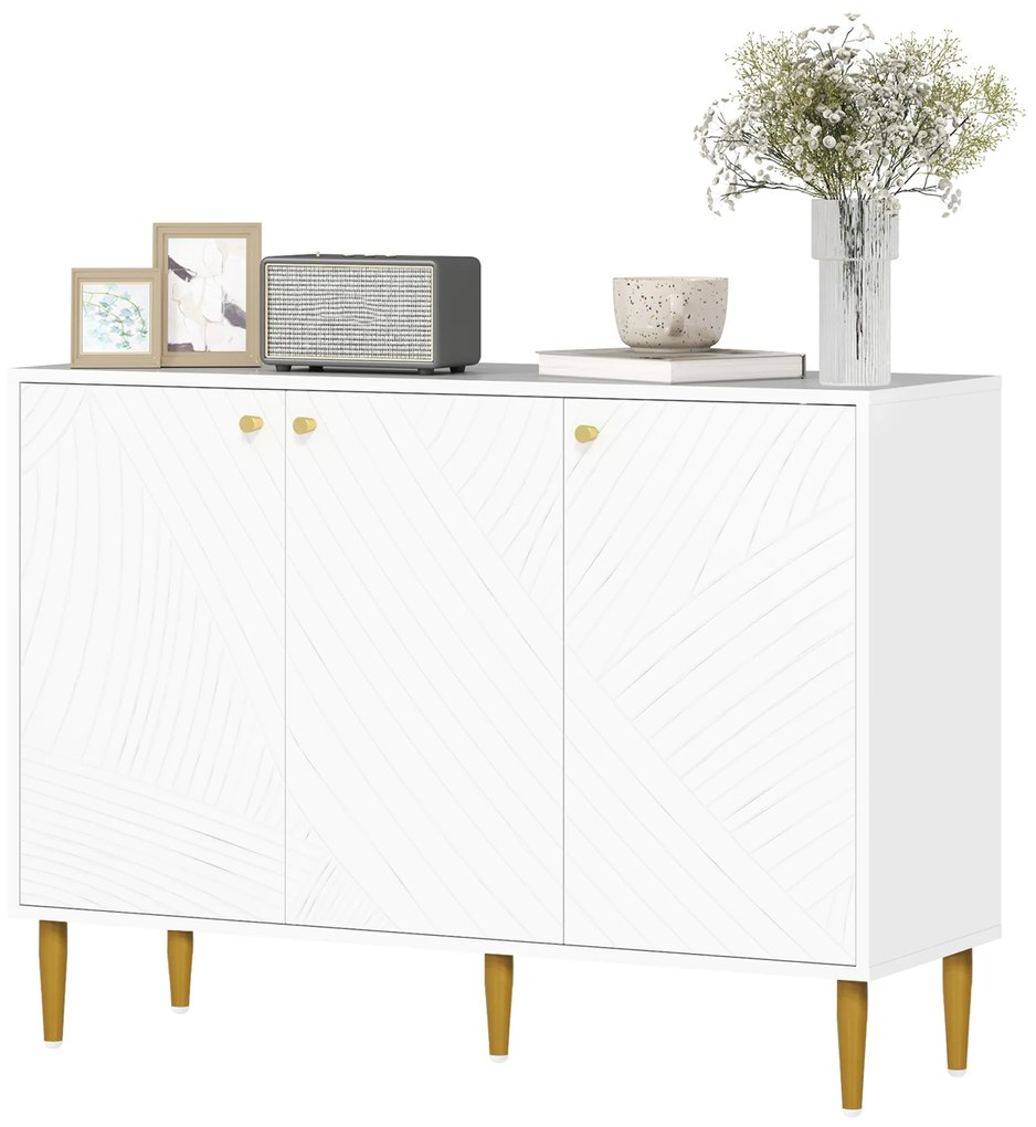 HOMCOM Bufet mobilier de depozitare cu 2 dulapuri, 3 uși rafturi reglabile picioare aurii din oțel 107 x 35 x 77 cm alb | Aosom Romania