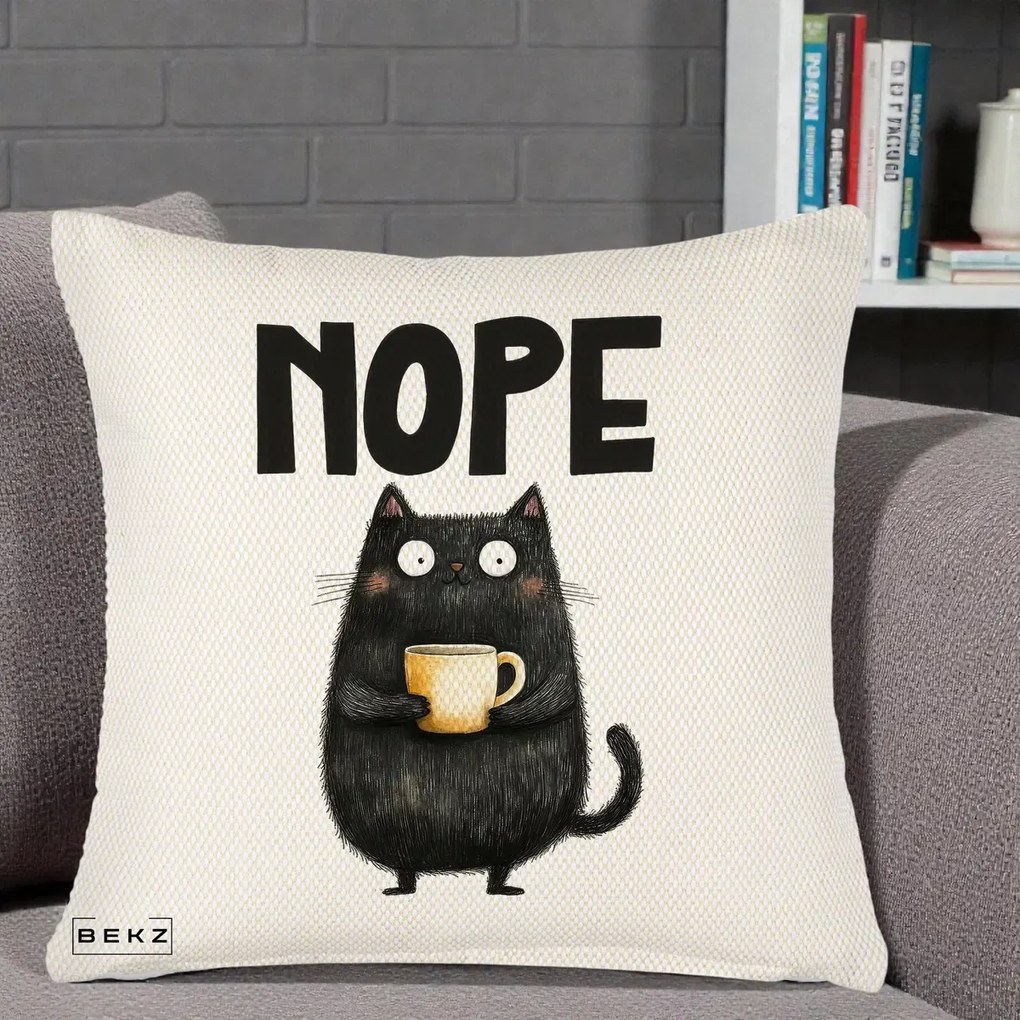 Perna Decorativa NOPE Pisica Neagra Cafea, 40x40 cm, Crem Reliefat, Husa Detasabila, Perna Inclusa, BEKZ®
