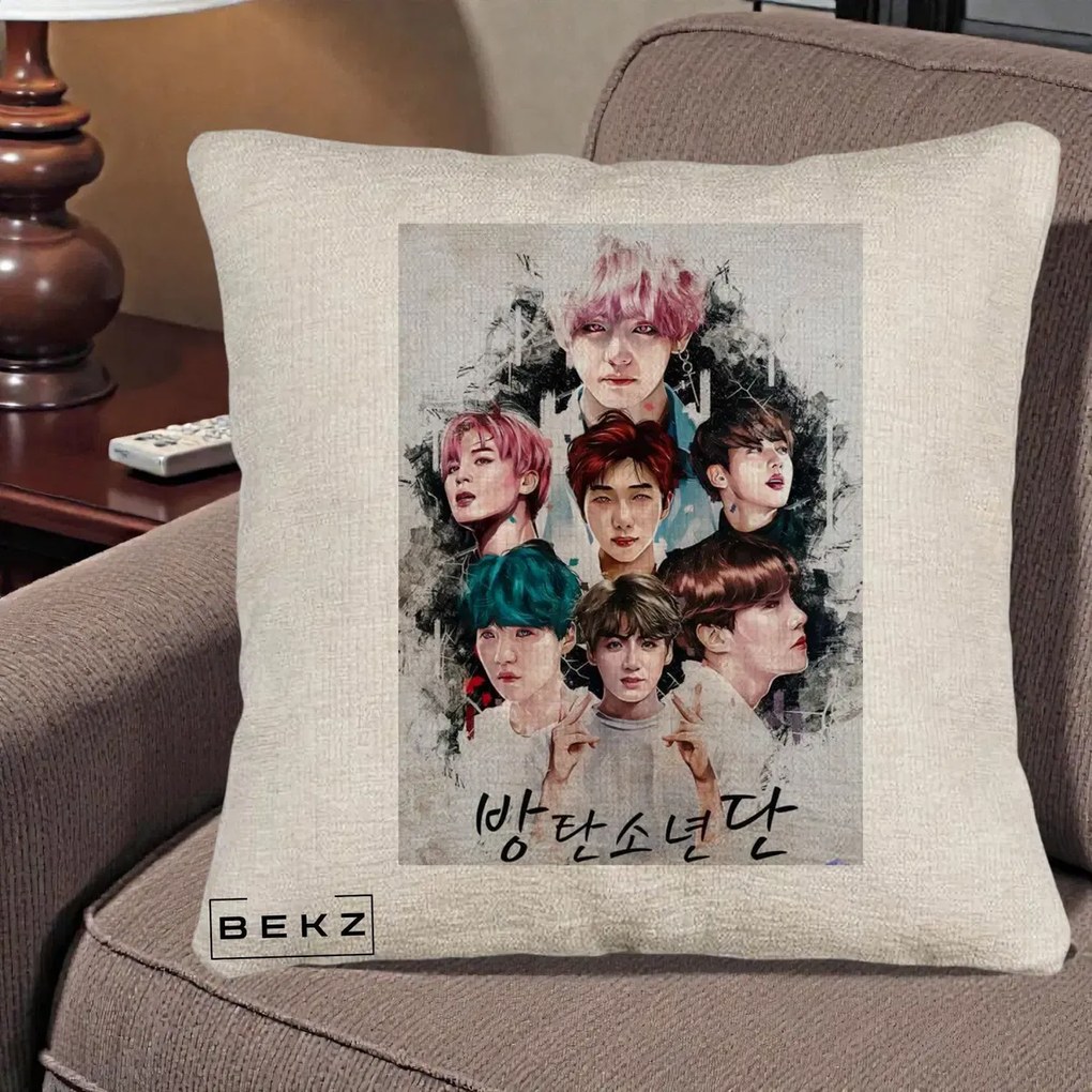 Perna Personalizata K-pop BTS Bangtan Boys Poster Artistic Negru Alb, 40x40 cm, Bej Canapea, Husa Detasabila, Perna Inclusa, BEKZ®
