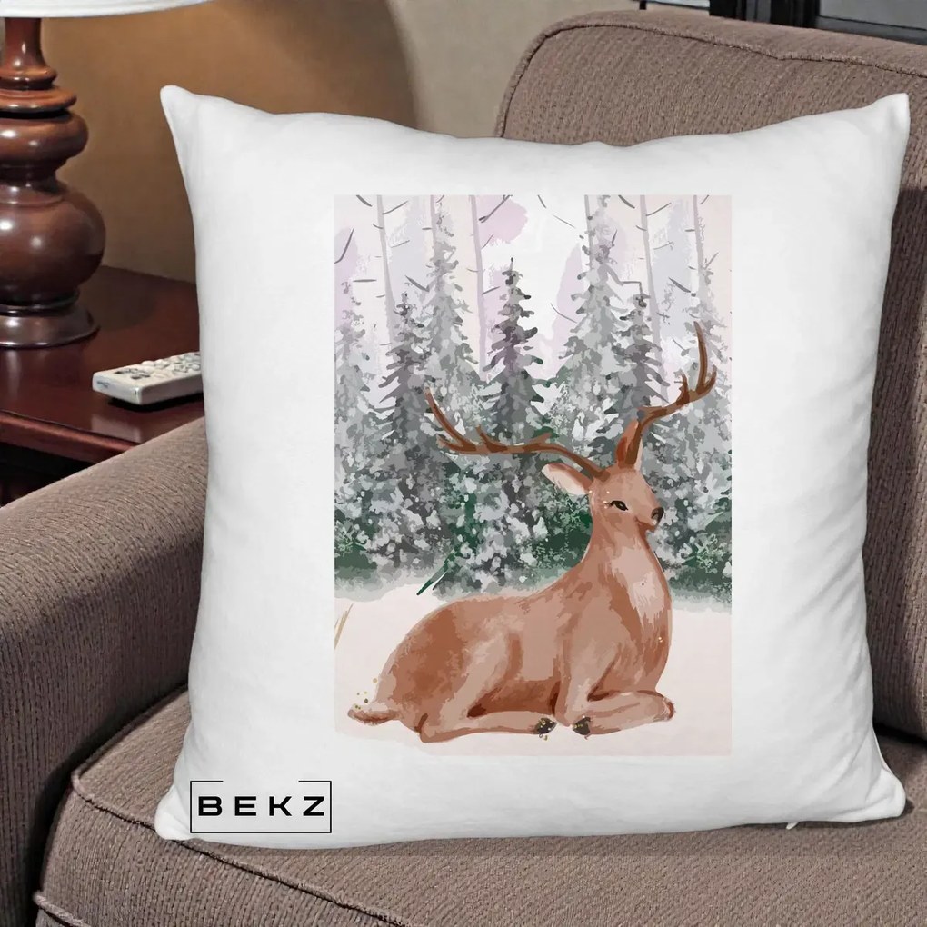 Perna Decorativa Ren in Padure Roz Moale, 40x40 cm, Alb Pufos, Husa Detasabila, Perna Inclusa, BEKZ®