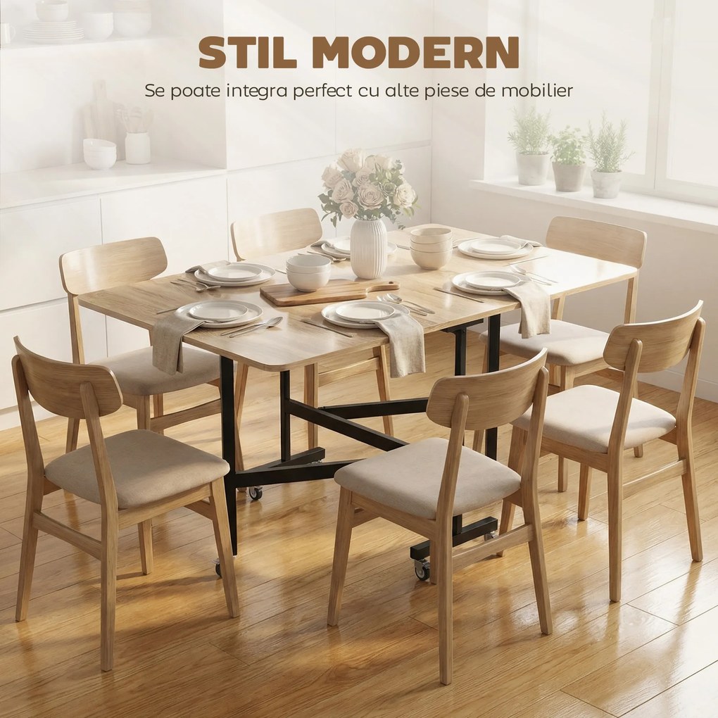 HOMCOM Masă Pliabilă pentru Dining, Masă de Bucătărie Extensibilă cu Roți și Frâne, pentru 4-6 Persoane, Birou Rabatabil cu Structură din Oțel, pentru Living, 120x80x73 cm, Stejar | Aosom Romania