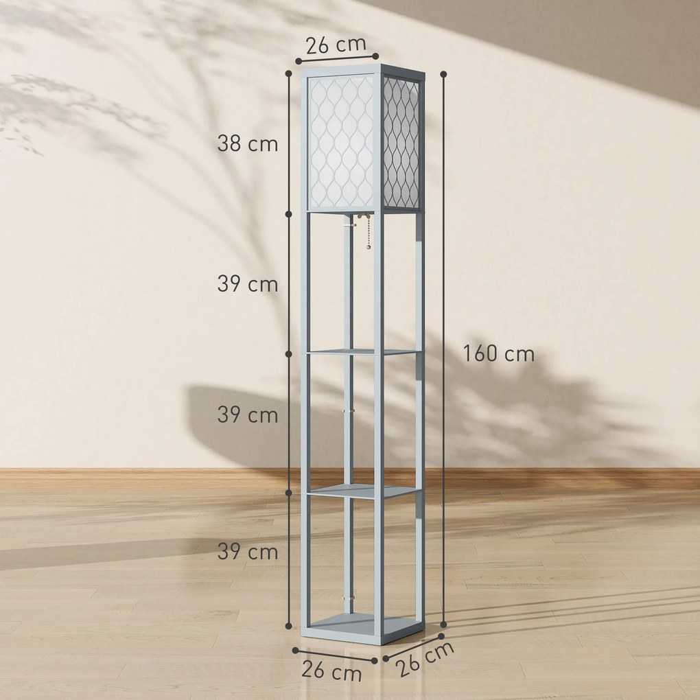 HOMCOM Lampadar Podea 2 în 1, 3 Rafturi, Economisire Spațiu, Soclu E27, 26x26x160 cm, Gri Deschis | Aosom Romania