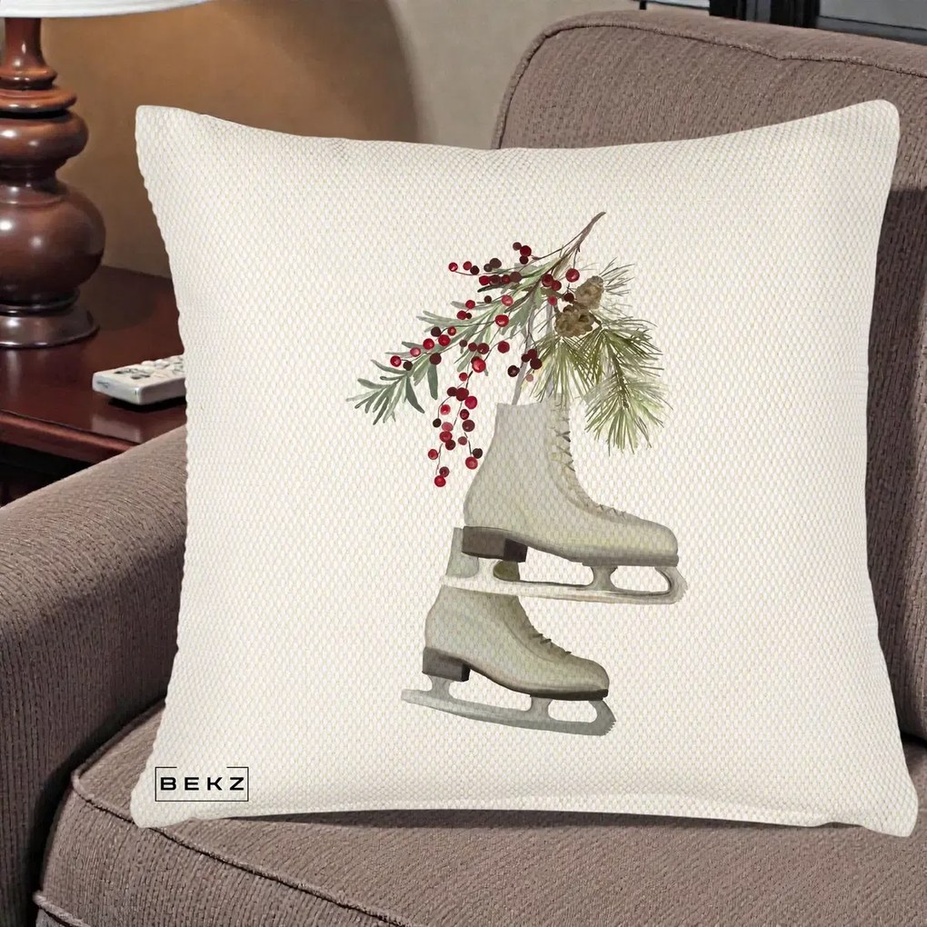 Perna Decorativa Patine cu Ramuri de Brad si Afine, 40x40 cm, Crem Reliefat, Husa Detasabila, Perna Inclusa, BEKZ®