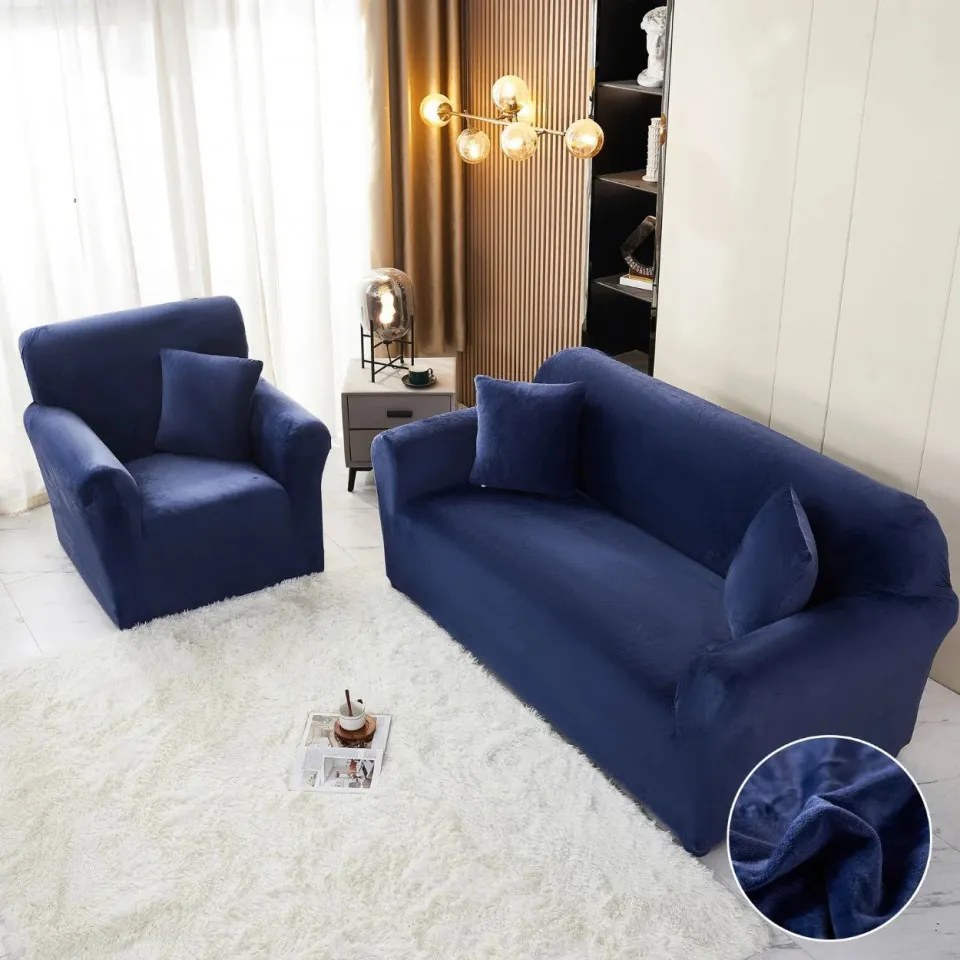 Set huse elastice din catifea pentru canapea 3 locuri + 2 fotolii, cu brate, bleumarin, HCCJS-04
