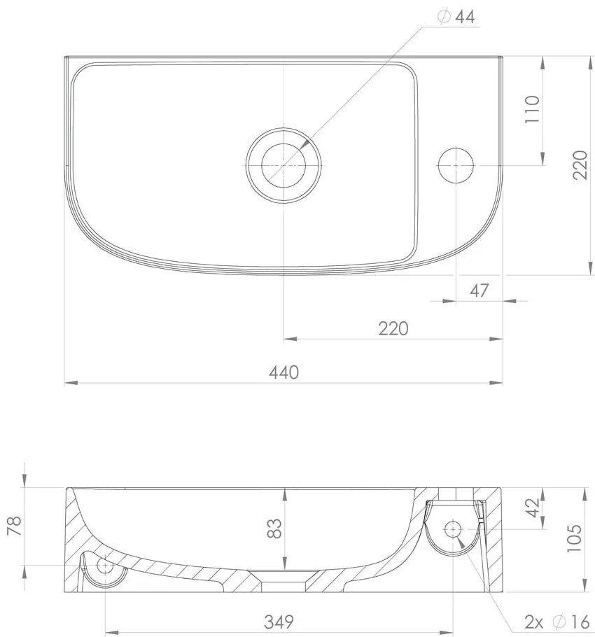Chiuvetă mică pentru WC albă din compozit mineral 44x22 cm Alga – Sapho