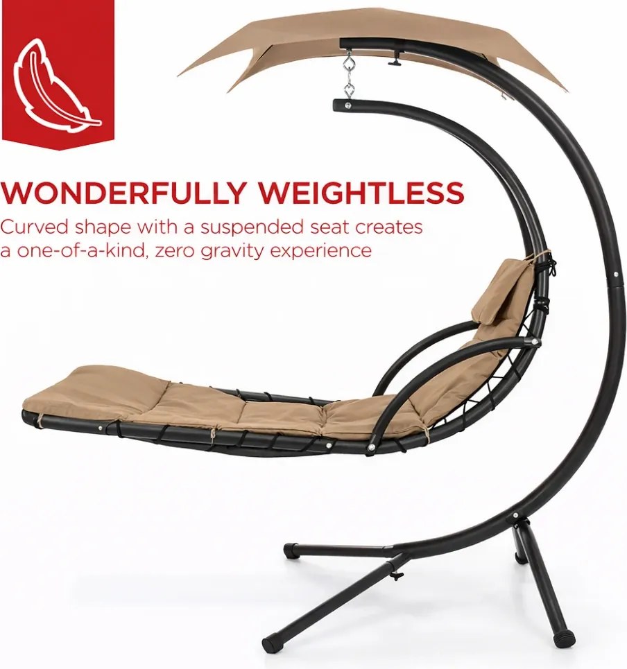 Șezlong suspendat din oțel, cu pernă încorporată, baldachin detașabil, Bej Tan