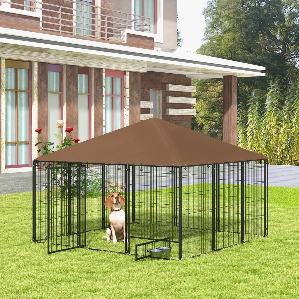 PawHut Gard pentru Câini din Metal cu Ușă pentru Bol, Gard pentru Câini pentru Exterior cu Acoperiș, 211x211x151 cm, Negru | Aosom Romania