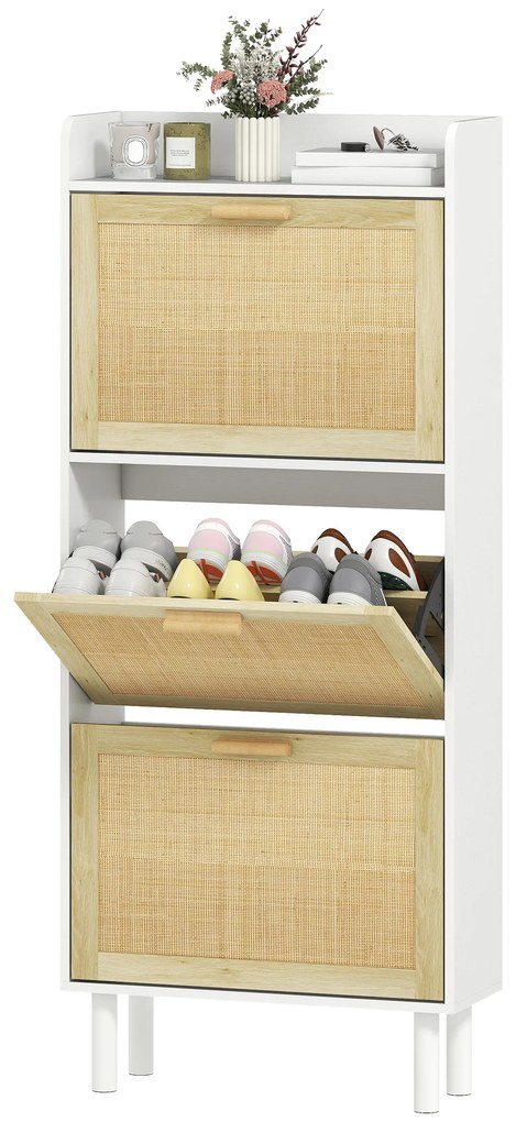 HOMCOM Dulap pentru pantofi 3 uși rabatabile etajeră efect rășină împletită design boem 65 x 24,5 x 153 cm alb | Aosom Romania