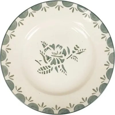 Farfurie din ceramică artizanală, natur, cu motive florale pictate manual verde și bordură decorativă, 19,5 cm, „Marion"