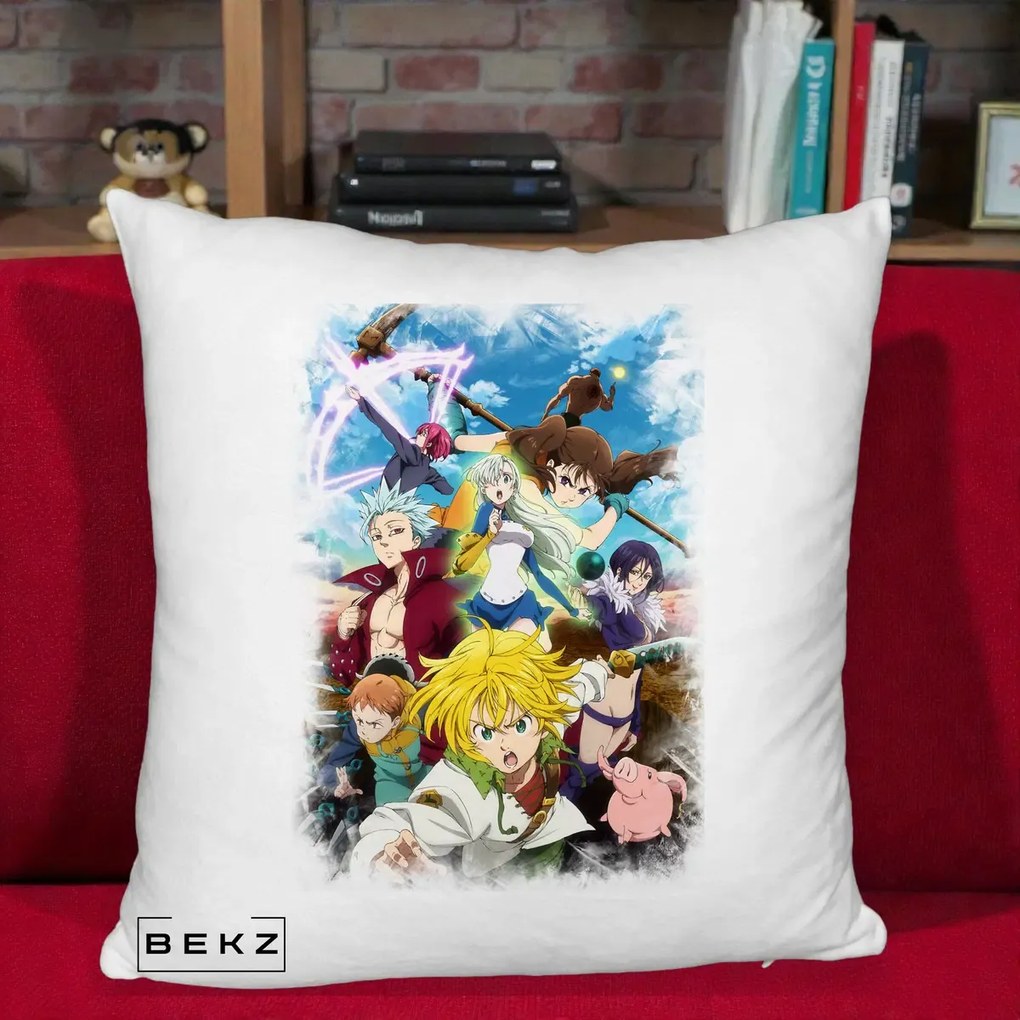 Perna Personalizata Nanatsu no Taizai Cele Sapte Pacate Mortale Anime, 40x40 cm, Alb Pufos, Husa Detasabila, Perna Inclusa, BEKZ®