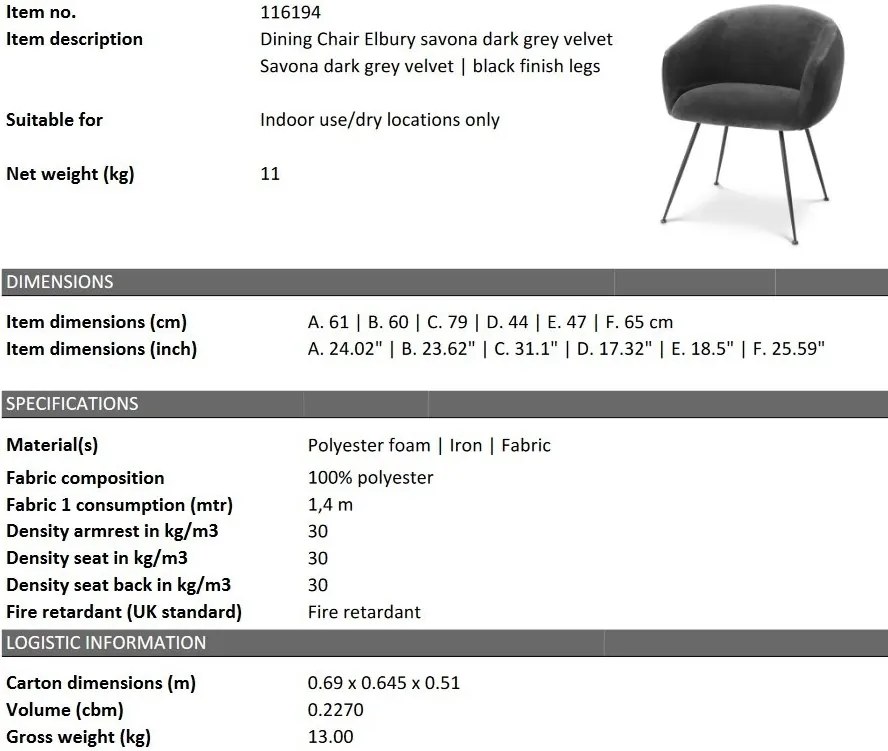 Scaun design LUX Elbury, catifea Savona dark grey