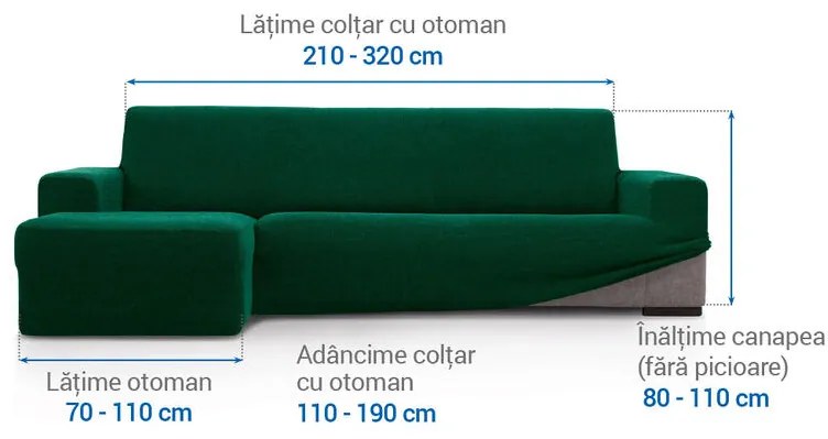 Huse super elastice HARMONIA verzi canapea cu otoman stânga (l. 210 - 320 cm)
