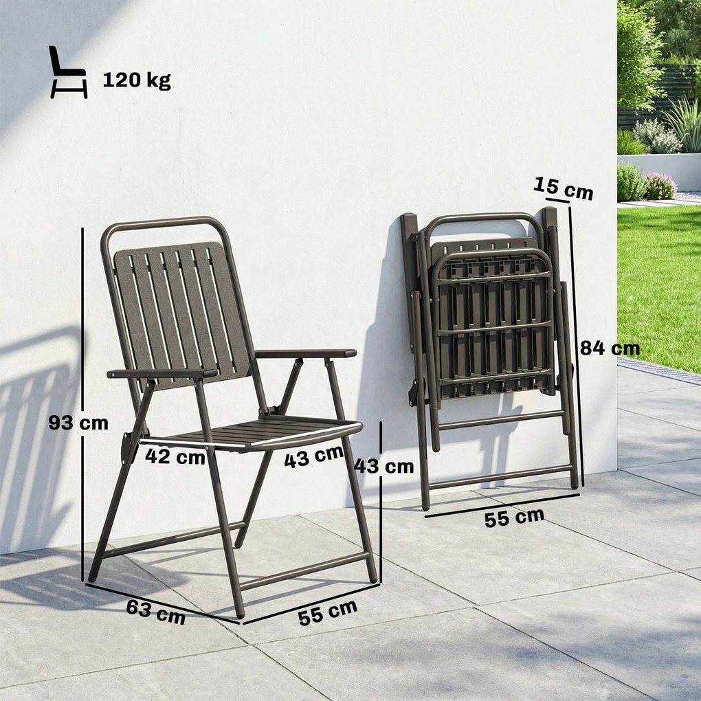 Outsunny Set de 4 scaune de grădină exterioare pliabile cu cotiere, spătar şi şezut, cadru metalic 55x63x93 cm Maro | Aosom Romania