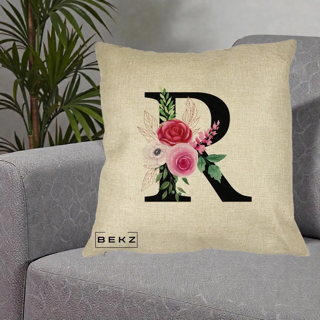 Cadou Personalizat - Perna Personalizata Monograma Florala Litera R, 40x40 cm, Crem, Husa Detasabila, Perna Inclusa, BEKZ®