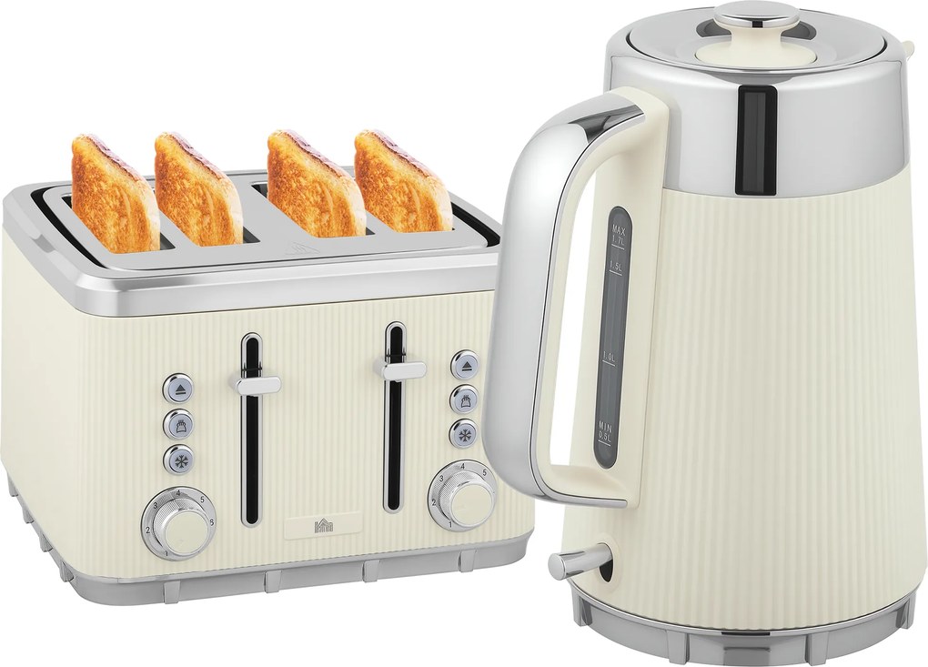 HOMCOM Fierbător 1,7 L 2200 W cu funcție de fierbere rapidă, filtru anticalcar și prăjitor cu 4 fante și 7 trepte de rumenire, alb-crem | Aosom Romania