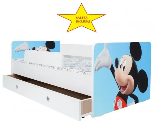 Pat Kiddy, imprimat cu model Mickey Mouse Blue, pentru 2-8 ani, cu protectie si saltea, 140x70 cm