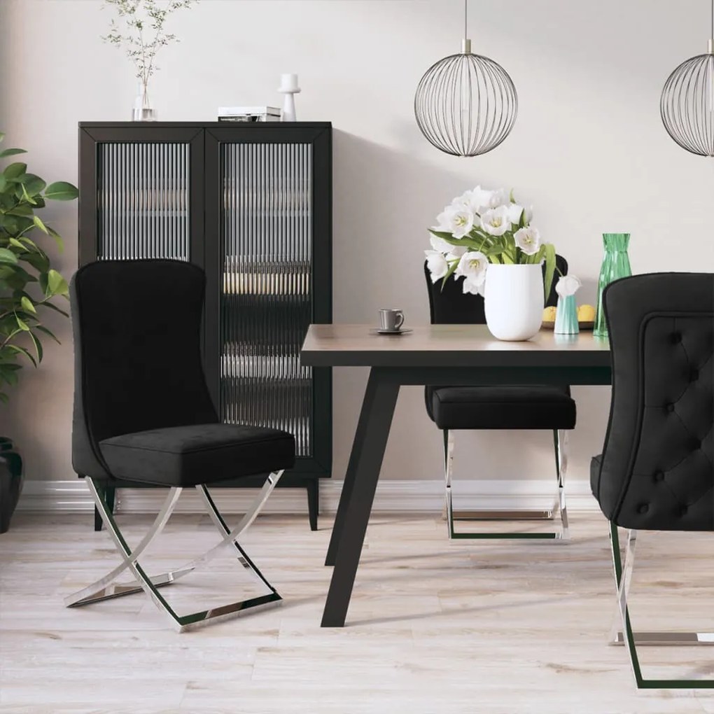 3074909 vidaXL Scaun, 2 buc., negru, 53x52x98 cm, catifea & oțel inoxidabil