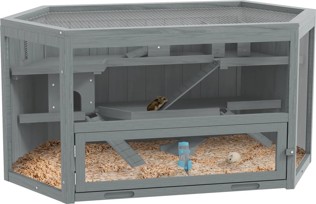 PawHut Cușcă pentru hamsteri, 3 etaje, tava detașabilă, lemn/metal, 115x60x55 cm | Aosom Romania