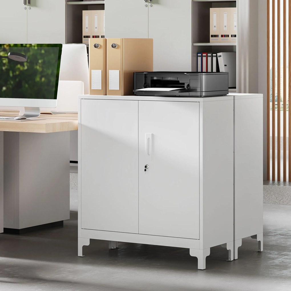 HOMCOM Dulap de birou din metal, uși cu închidere, comodă de birou, design în 2 nivele, Alb | Aosom Romania