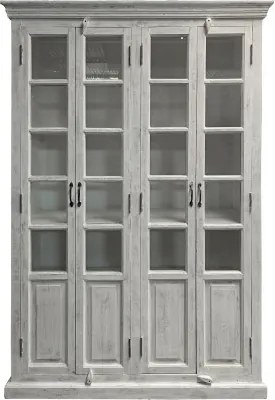 Vitrină mare din lemn masiv de mango cu 4 uși vitrate și 3 rafturi, finisaj décapé alb, 135×50×210 cm, „Vendôme"