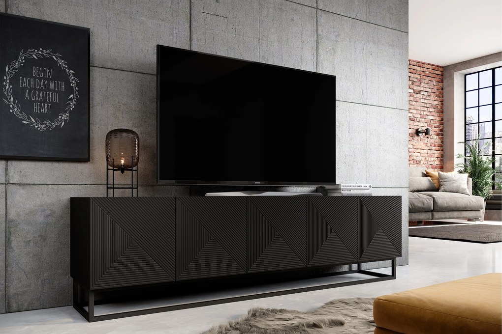 Comodă TV cu fronturi striate Asha 200 cm cu cadru metalic - negru mat