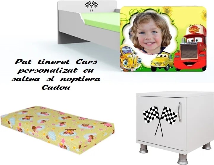 Pat tineret Cars personalizat cu saltea si noptiera cadou