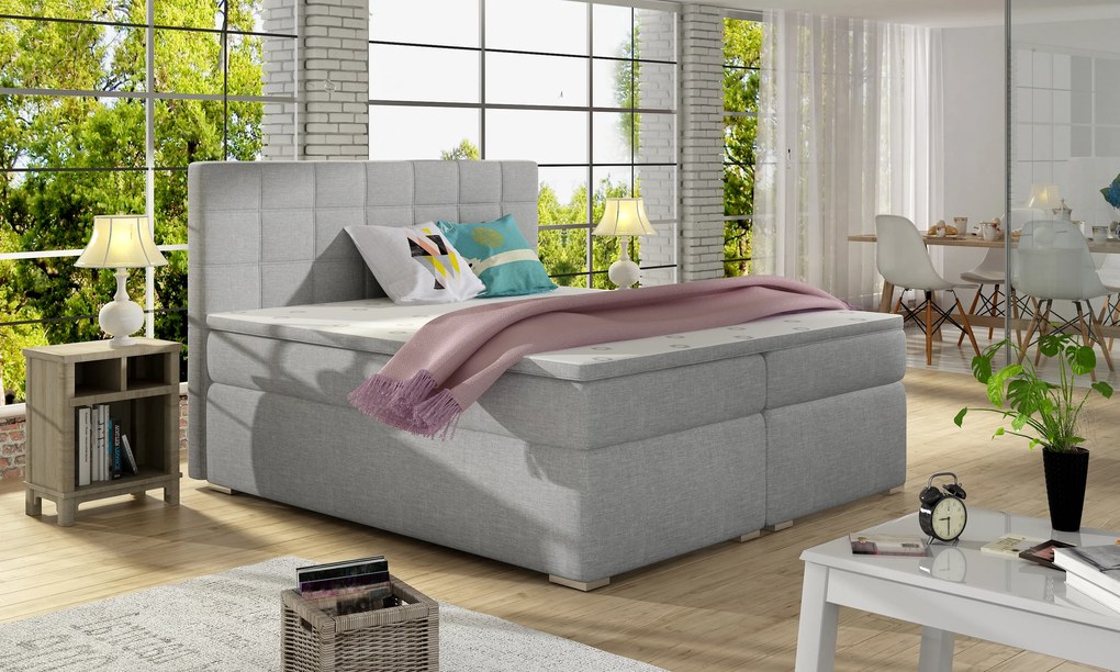 Pat matrimonial Boxspring 160 cm Abbie (gri deschis) (cu saltele). 1027416