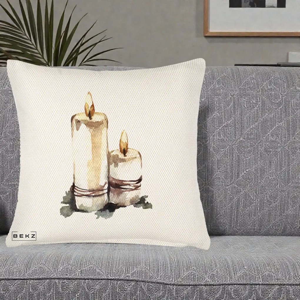Perna Decorativa Lumanari Acuarela Iarna, 40x40 cm, Crem Reliefat, Husa Detasabila, Perna Inclusa, BEKZ®