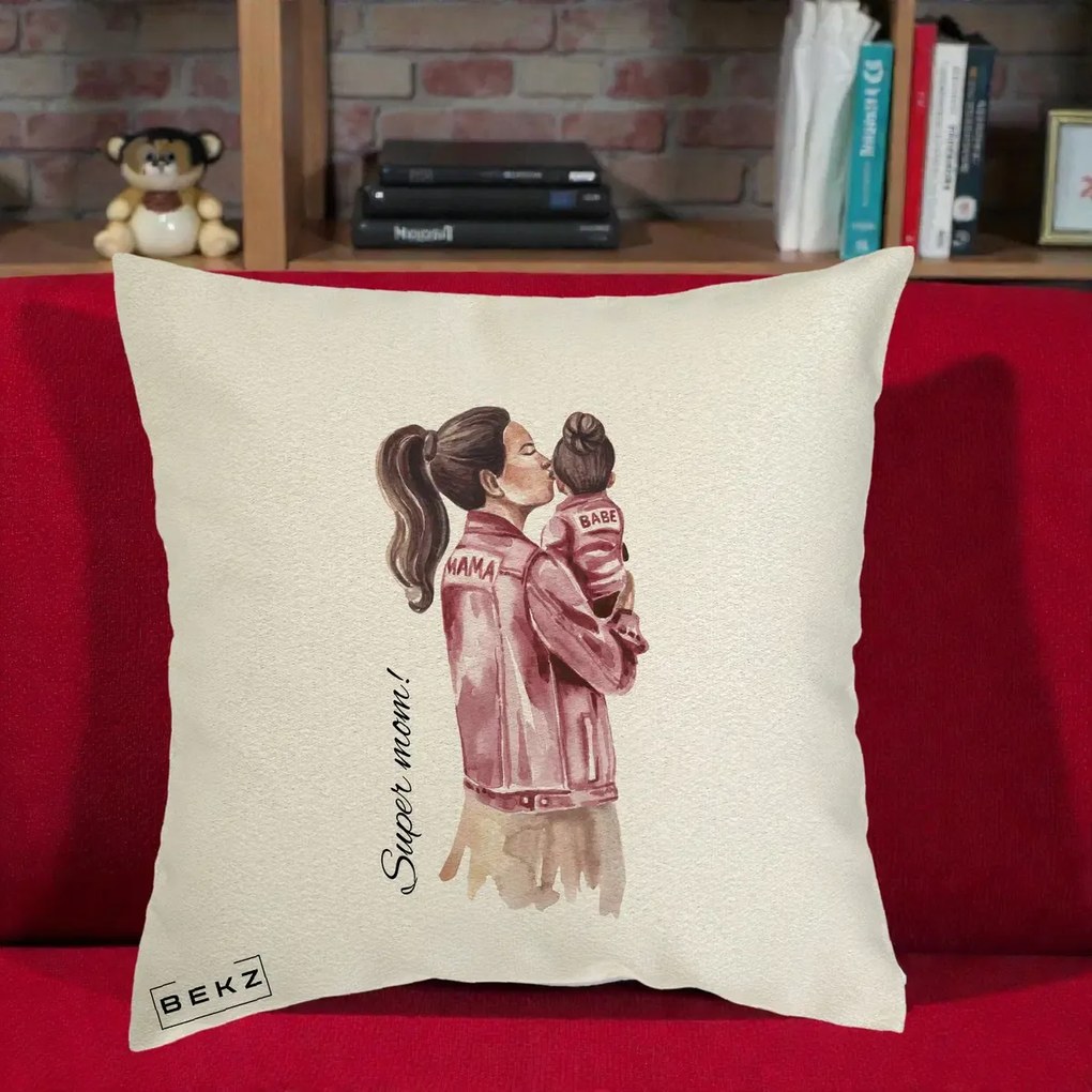 Cadou pentru Mama - Perna Personalizata Super Mom Jachete Roz, 40x40 cm, Ecru, Husa Detasabila, Perna Inclusa, BEKZ®