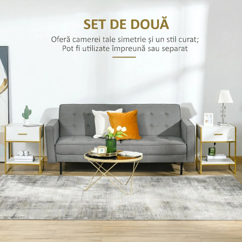HOMCOM Set din 2 Noptiere Moderne, Noptiere cu Raft și Sertar, Organizatoare de Depozitare pentru Dormitor, 45x40x60 cm, Alb | Aosom Romania