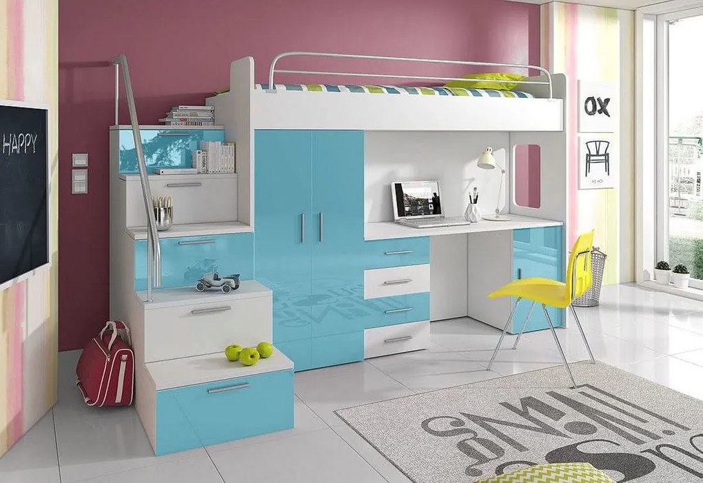 Supermobel Pat supraetajat pentru copii RAJ IVs COLOR, 80x200, orientare universale, alb/gri luciu