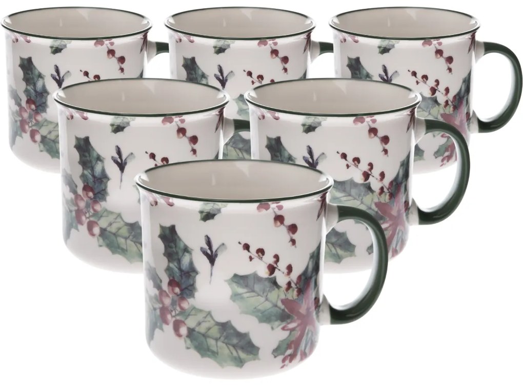 Set de 6 căni de porțelan Christmas holly 520 ml, 520 ml