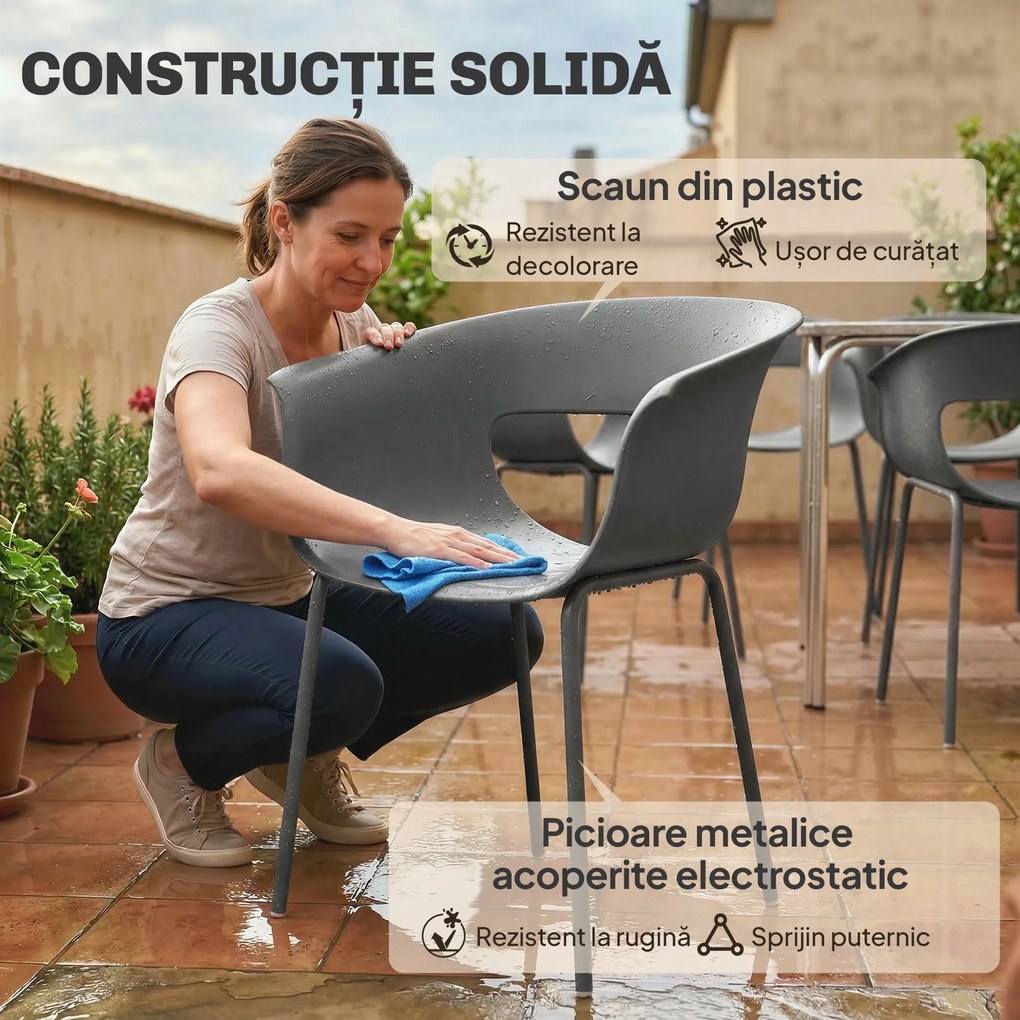 Outsunny Set de 4 Scaune de Exterior, cu Brațe, Spătar Perforat, Picioare Metalice, Gri Închis | Aosom Romania