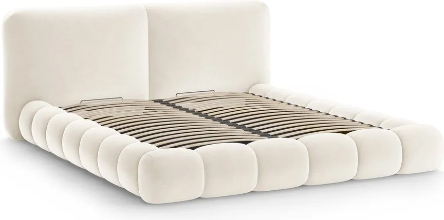 Pat matrimonial fildeș tapițat cu spațiu de depozitare cu somieră 160x200 cm Solange – Micadoni