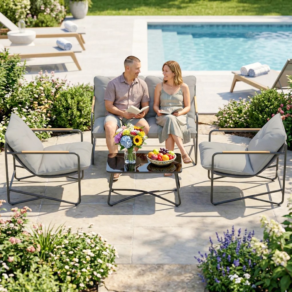 Set de Grădină Outsunny cu Canapea, 2 Fotolii și Măsuță cu Blat din Sticlă, Mobilier de Exterior cu Perne Groase, Gri Deschis | Aosom Romania